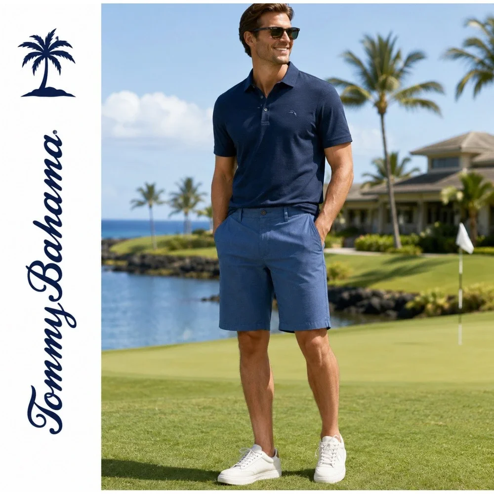 Tommy Bahama Boracay Shorts Blue Heathered Golf Flat Front Casual Logo Mens 40